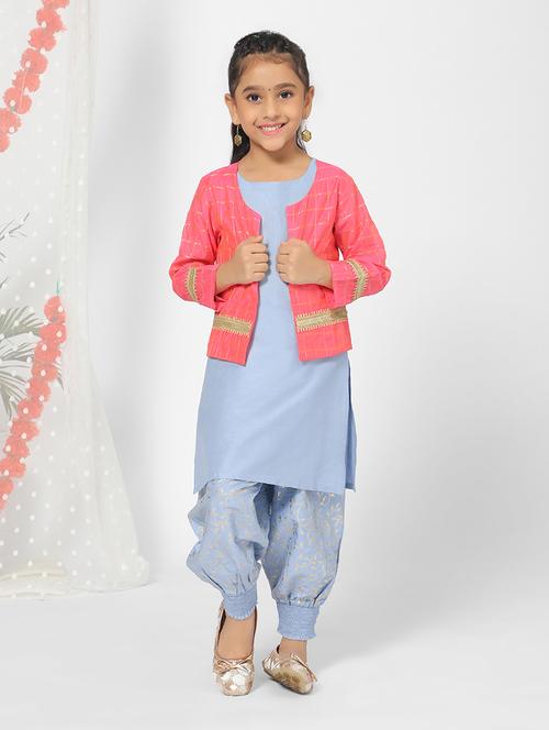 girl blue foil printed patiyala suit set with jacket  - 18444416 - Very Small Image - 1