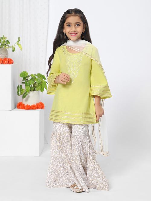 girl yelow embroidered kurta sharara suit set with dupatta  - 18444423 - Very Small Image - 1