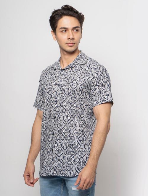navy-blue printed casual shirt - 18444647 - Very Small Image - 1