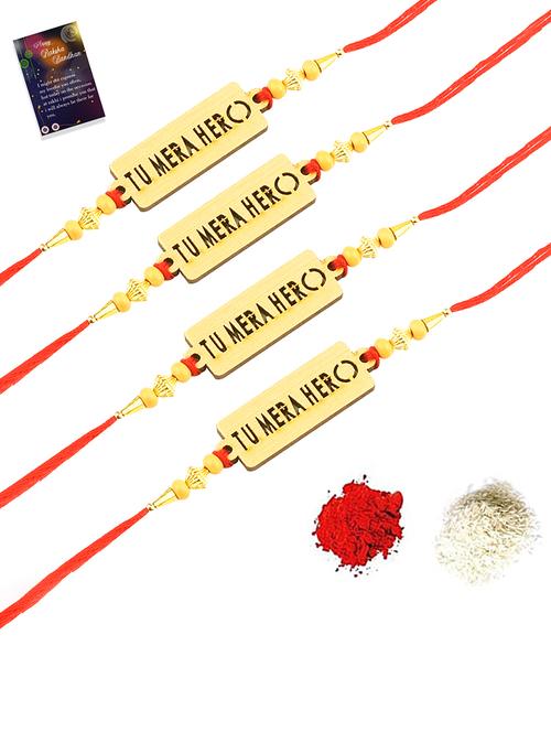 pack of 4 stylish bhaiya rakhi with roli chawal with and 1 greeting card - 18444996 - Very Small Image - 1
