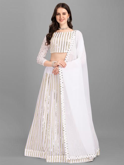 white embroidered & sequence work semi-stitched lehenga choli set with dupatta - 18445417 - Very Small Image - 1