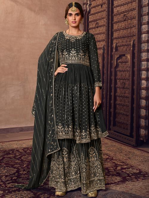 embroidered semi-stitched sharara suit set - 18445527 - Very Small Image - 1