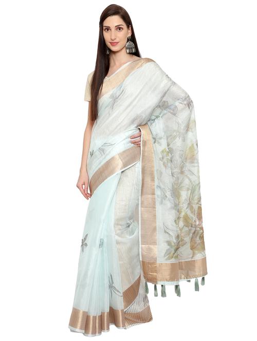 green golden zari border printed saree with blouse - 18445537 - Very Small Image - 1