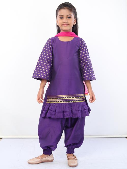 girls purple solid kurta salwar set with dupatta - 18445809 - Very Small Image - 1