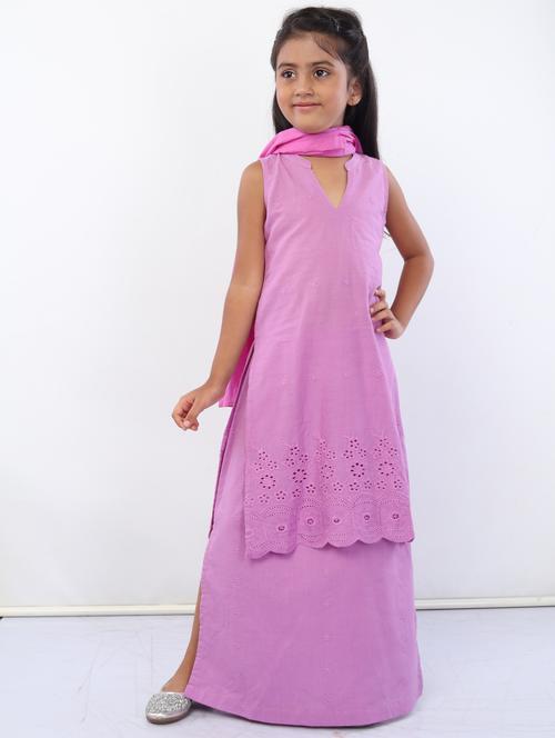 girls purple solid kurta skirt set with dupatta - 18445816 - Very Small Image - 1