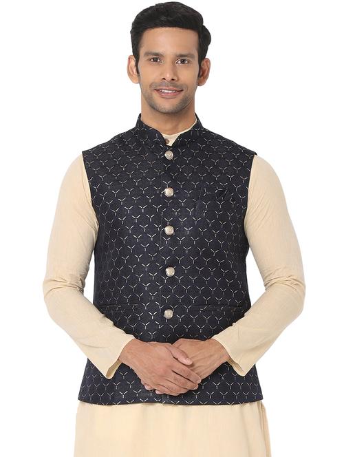 navy blue self designed nehru jacket - 18446487 - Very Small Image - 1