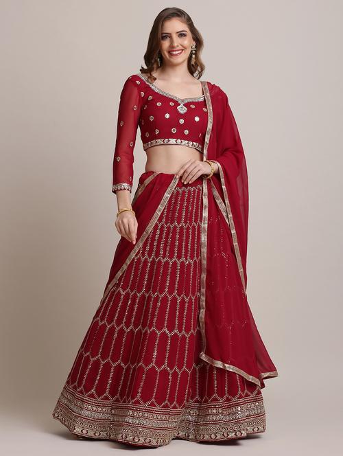 Maroon Flared Lehenga With Dupatta - 18447957 - Very Small Image - 1