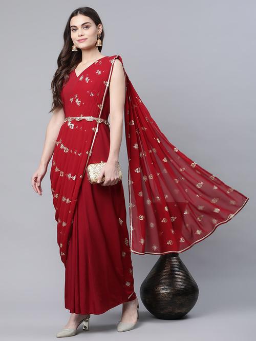lace detailed foil print draped saree  with blouse - 18449028 - Very Small Image - 1