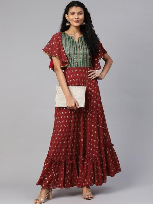 gold print tiered ethnic dress - 18449162 - Very Small Image - 1