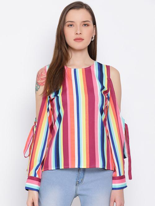 side tie-up cold shoulder striped regular top - 18450208 - Very Small Image - 1