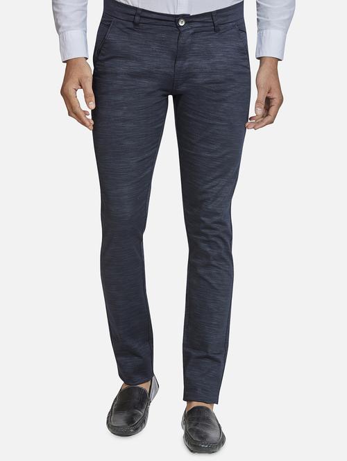 navy blue textured flat front casual trouser - 18450628 - Very Small Image - 1