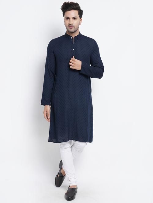 Navy Blue Dobby Medium Kurta - 18451510 - Very Small Image - 1