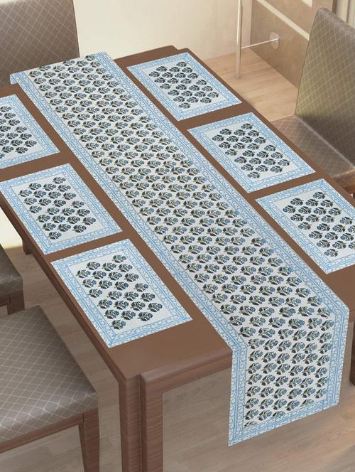 texstylehome thick cotton canvas jaipuri block print 6 table mats and 1 runner set - 18452261 - Very Small Image - 1