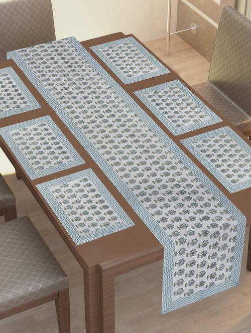 texstylehome thick cotton canvas jaipuri block print 6 table mats and 1 runner set - 18452275 - Very Small Image - 1