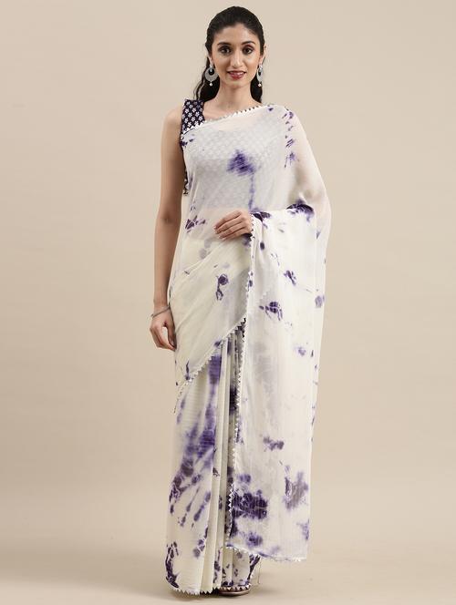 women's tie & dye white colored saree with blouse - 18453737 - Very Small Image - 1