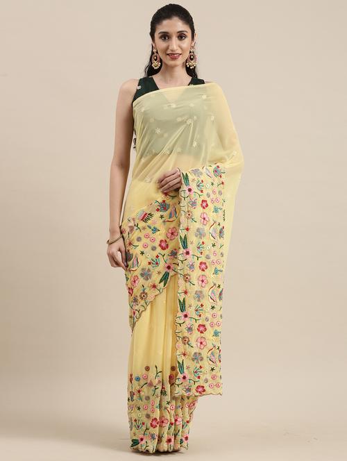 yellow georgette embroidered saree - 18453741 - Very Small Image - 1