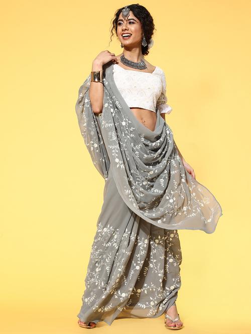 grey all over embroidered saree with blouse - 18453746 - Very Small Image - 1