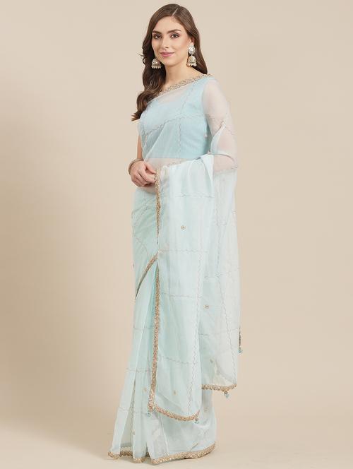 women's solid light blue colored saree with blouse - 18453748 - Very Small Image - 1