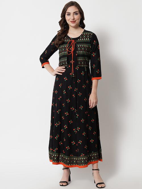 printed flared ethnic dress with jacket - 18454358 - Very Small Image - 1
