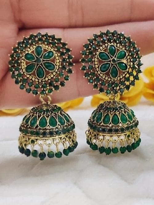 traditional green jhumka earring  - 18454399 - Very Small Image - 1
