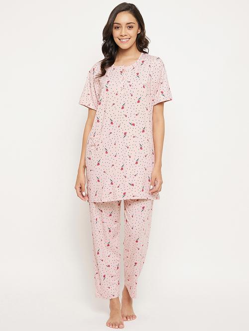 round neck floral nightwear pajama set - 18454413 - Very Small Image - 1
