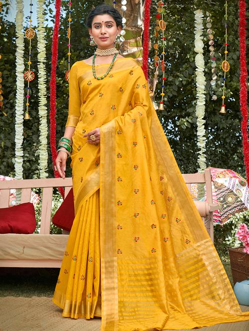 golden zari work woven saree  with blouse - 18454725 - Very Small Image - 1