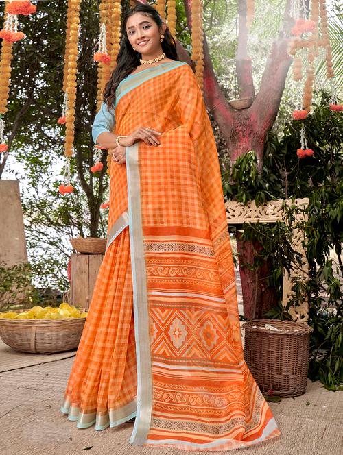 contrast bordered checkered woven saree with blouse - 18454762 - Very Small Image - 1