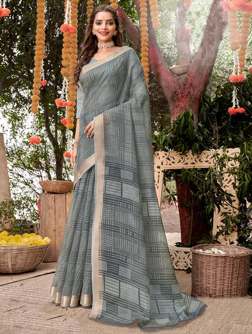 contrast bordered checkered woven saree with blouse - 18454763 - Very Small Image - 1