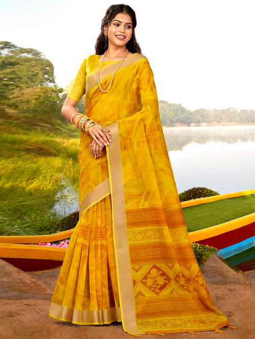 contrast bordered self design woven saree with blouse - 18454774 - Very Small Image - 1