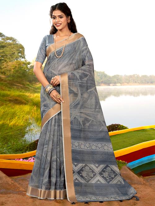 contrast bordered self design woven saree with blouse - 18454777 - Very Small Image - 1