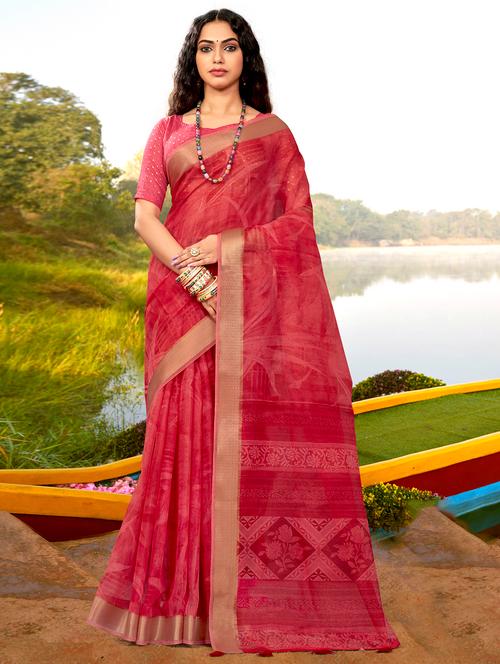 contrast bordered self design woven saree with blouse - 18454778 - Very Small Image - 1
