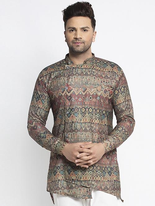 Men Multi Colored Printed Asymmetric Kurta - 18455063 - Very Small Image - 1