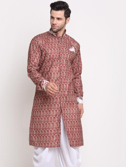 Men Red Printed Mandarin Neck Long Kurta - 18455117 - Very Small Image - 1