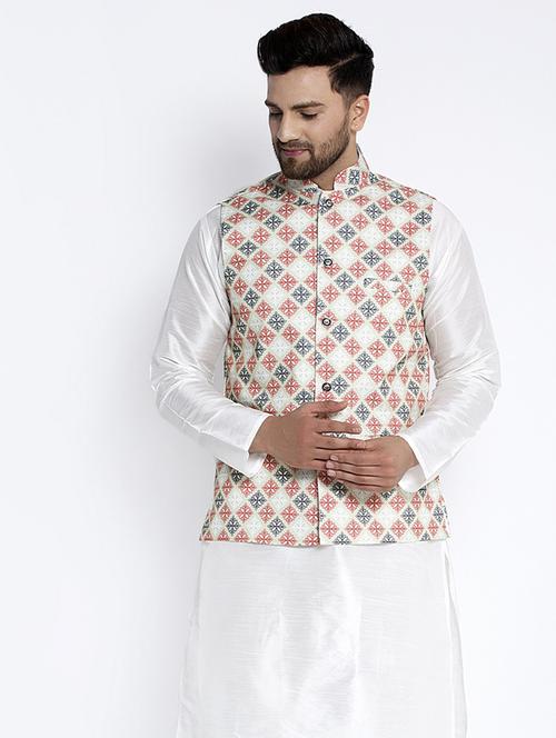 white printed nehru jacket - 18455493 - Very Small Image - 1
