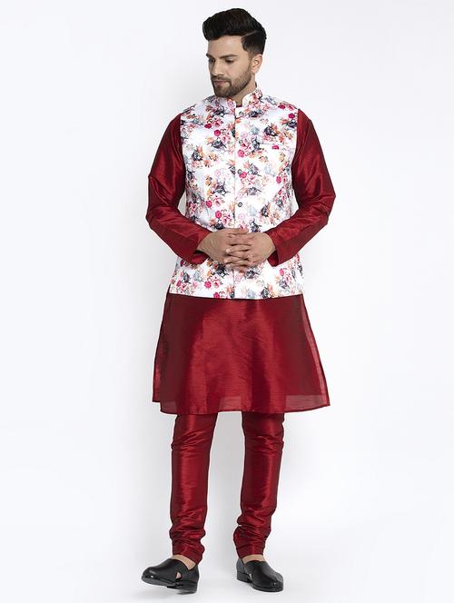 maroon solid kurta pyjama with printed nehru-jacket  - 18455995 - Very Small Image - 1