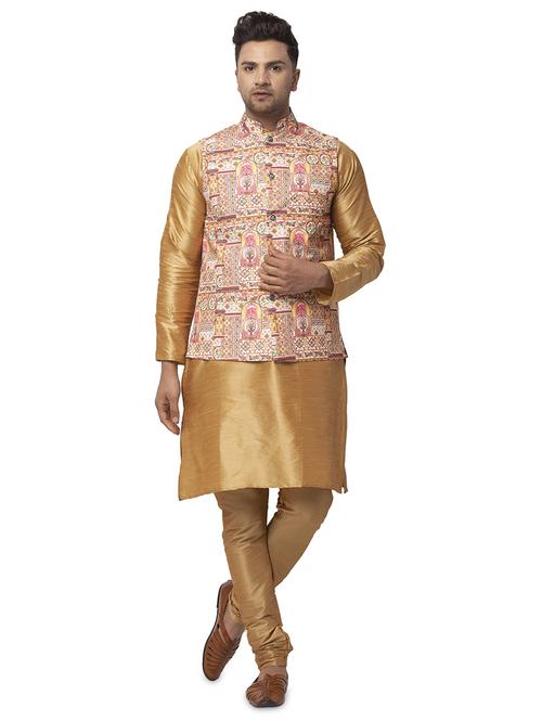 copper solid kurta pyjama with printed nehru jacket  - 18456033 - Very Small Image - 1