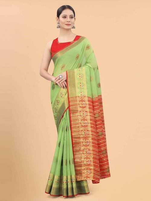 women's printed lime colored saree with blouse - 18457630 - Very Small Image - 1