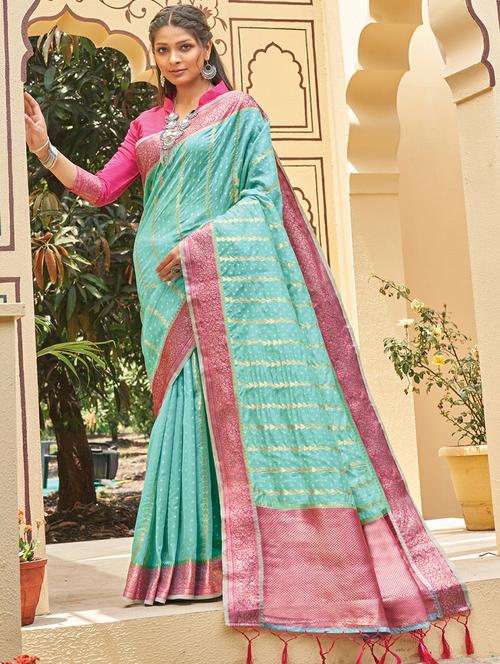 golden zari work woven saree with blouse - 18458329 - Very Small Image - 1