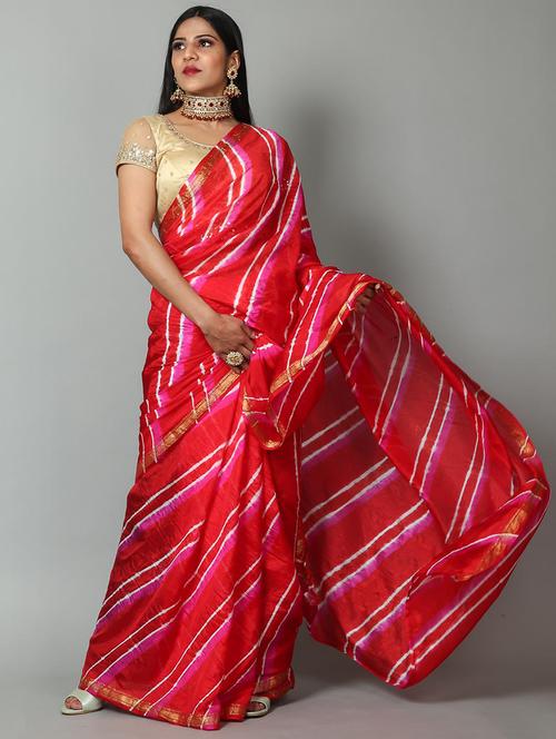 golden zari work leheriya saree with blouse - 18458799 - Very Small Image - 1