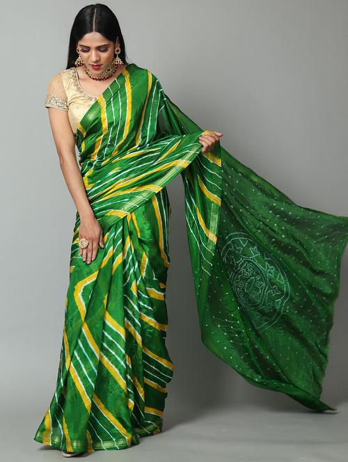 golden zari work leheriya saree with blouse - 18458801 - Very Small Image - 1