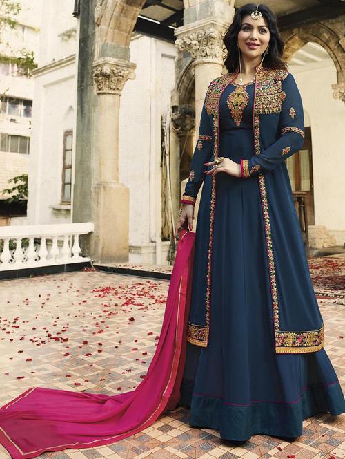 embroidered semi-stitched anarkali suit set  - 18459890 - Very Small Image - 1