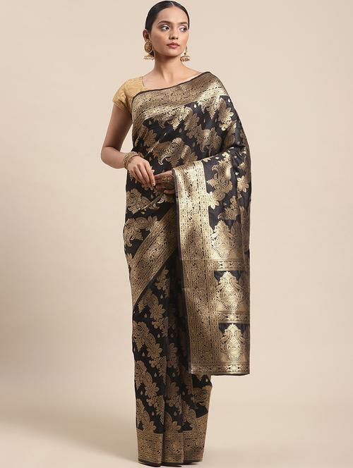 women's self design black colored saree with blouse - 18460288 - Very Small Image - 1