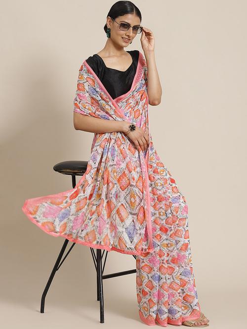 women's geometric pink colored saree with blouse - 18460295 - Very Small Image - 1