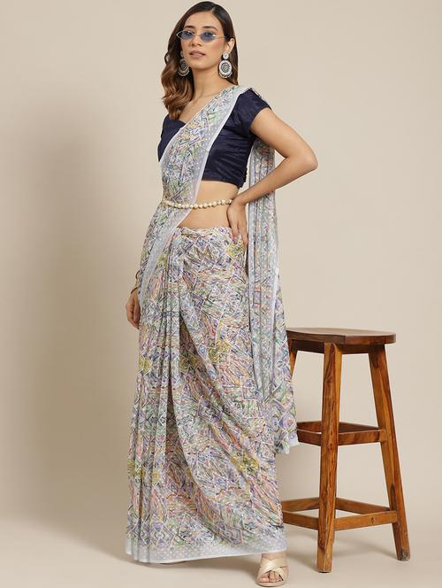 dobby work printed saree with blouse - 18460296 - Very Small Image - 1