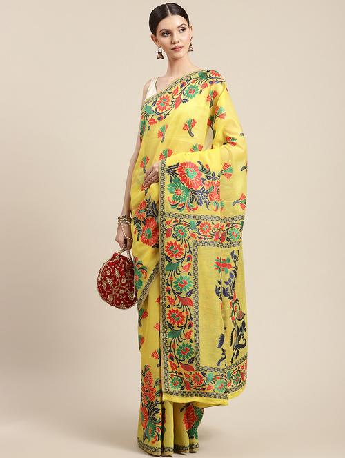 women's floral yellow colored saree with blouse - 18460303 - Very Small Image - 1