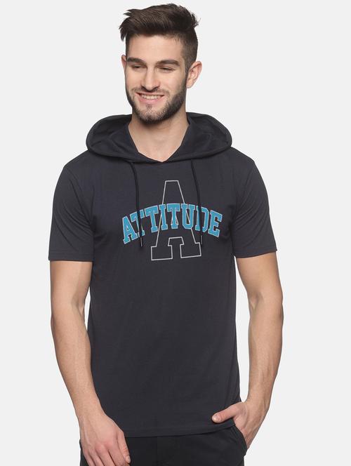 navy blue chest-printed hooded t-shirt - 18460508 - Very Small Image - 1