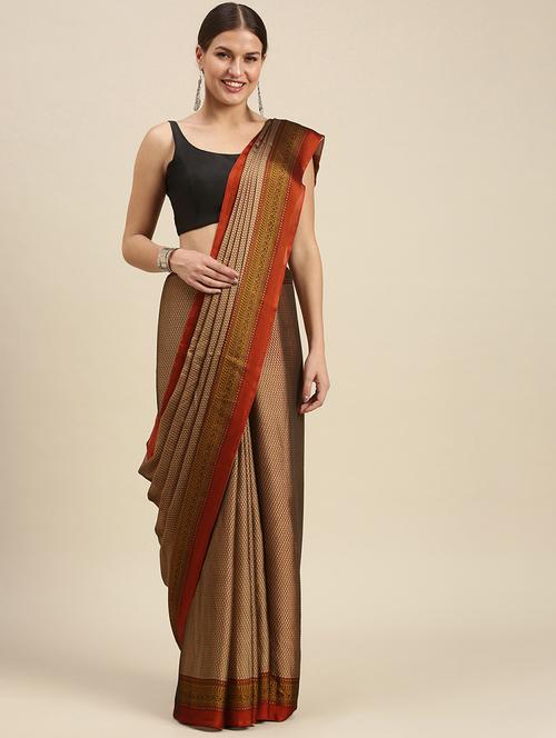 women's printed beige colored saree with blouse - 18461017 - Very Small Image - 1