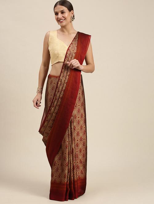 women's printed beige colored saree with blouse - 18461019 - Very Small Image - 1