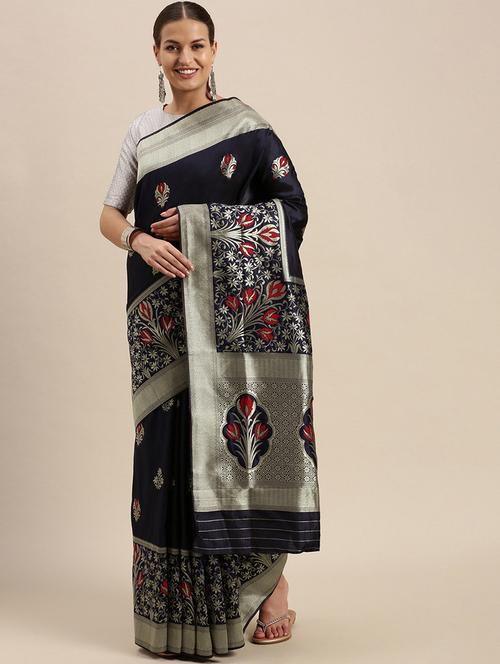 women's self design blue colored saree with blouse - 18461085 - Very Small Image - 1