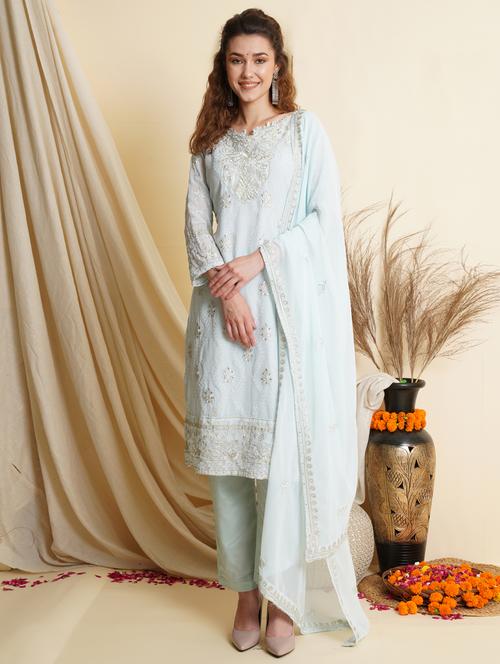 embroidered unstitched straight pant suit set - 18461241 - Very Small Image - 1